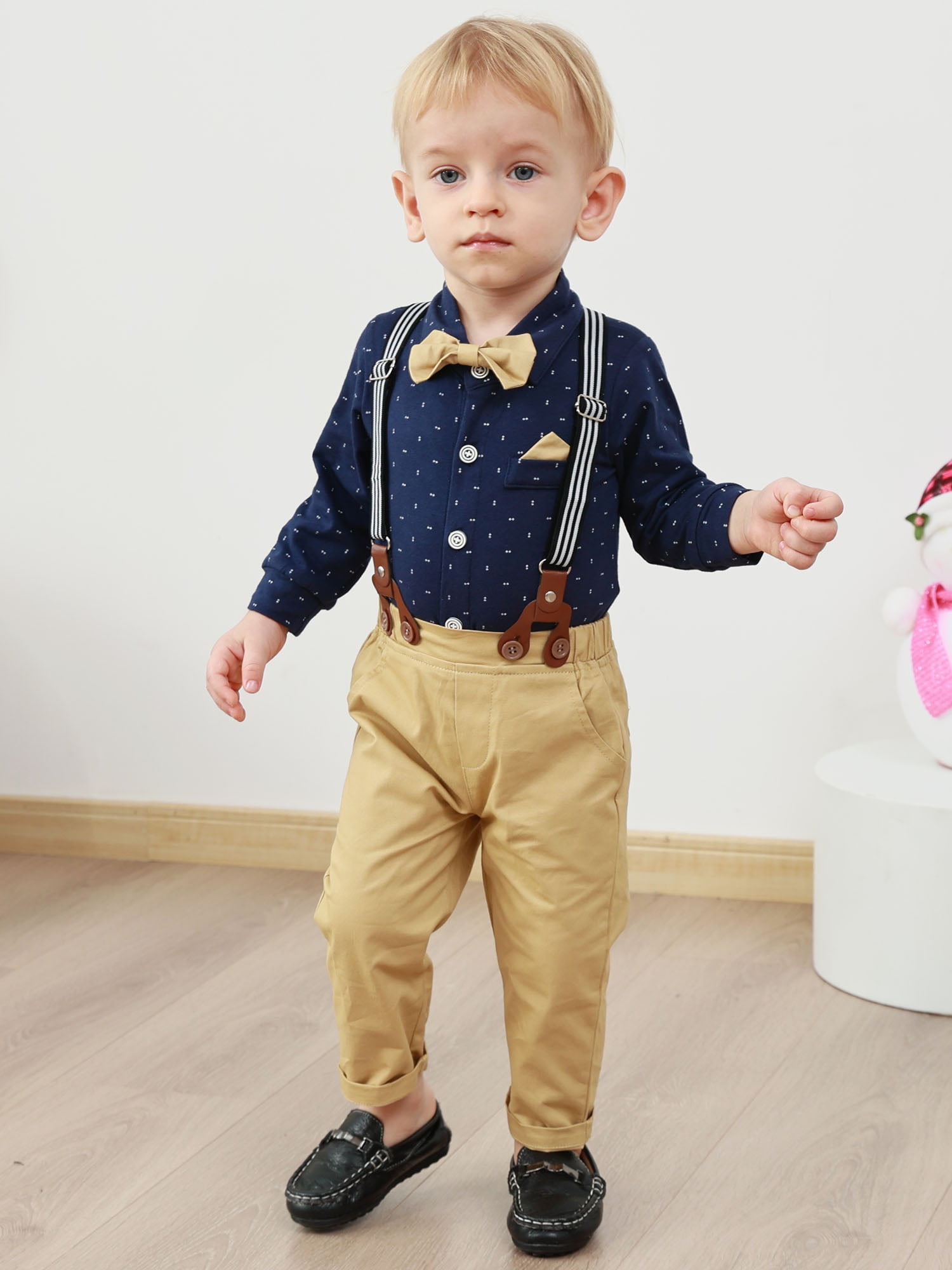 CARETOO Toddler Baby Boy Clothes 3-24 Months Outfit Formal Dress Shirt Suspender Pants Beret Hat Bow Tie 4pcs