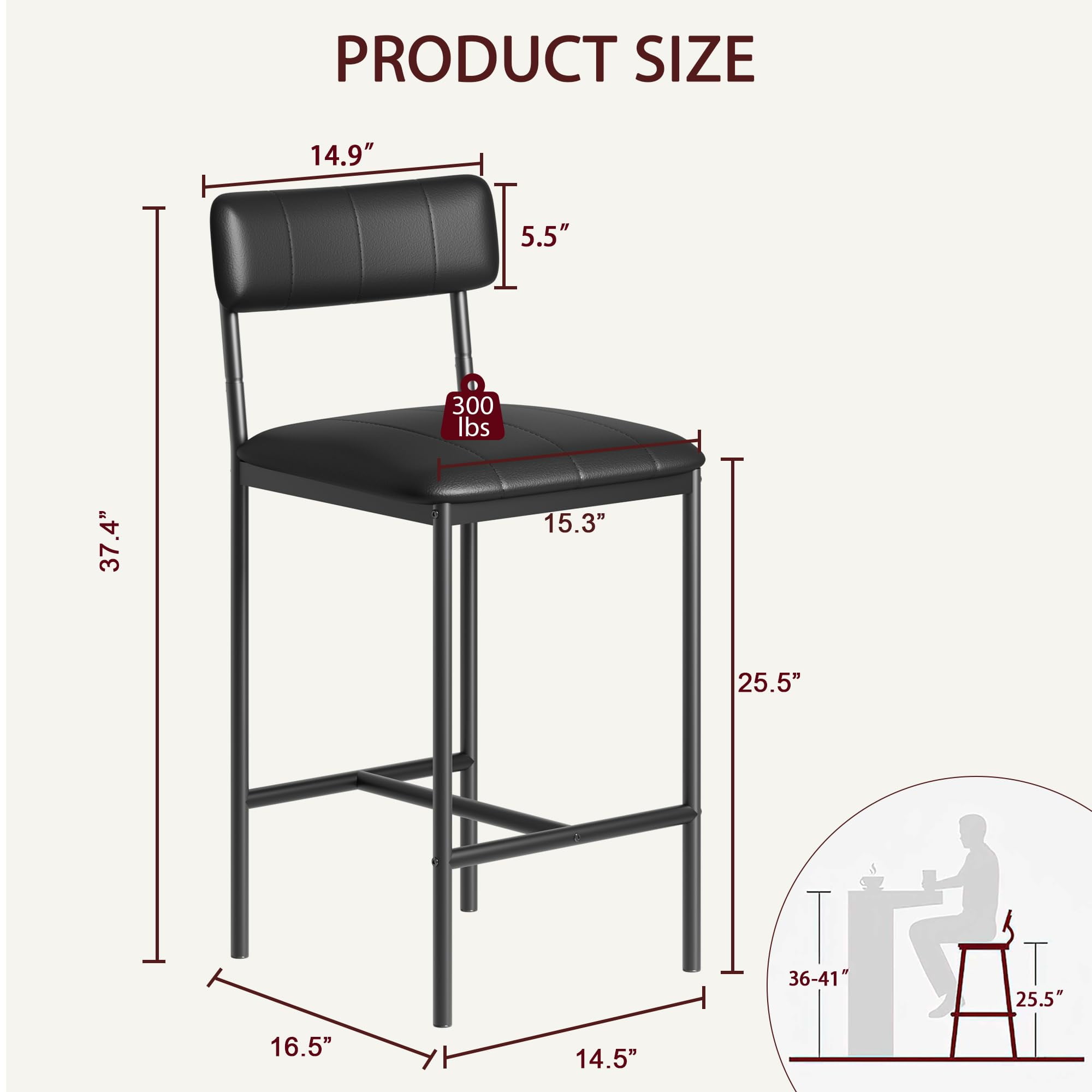 Maritcute Bar Stools Set of 2, Counter Height Bar Stools with Footrest, PU Leather Kitchen Barstools, Bar Chairs with Back for Kitchen Island, Apartment, Counter Bar, Easy Assembly, Classic Black