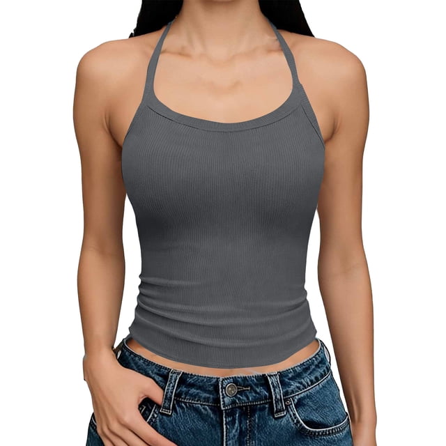 Womens Tank Tops Ribbed Halter Neck Cropped Going out Tops Slim Fitting Camis Summer Backless Sleeveless Tee,Size M
