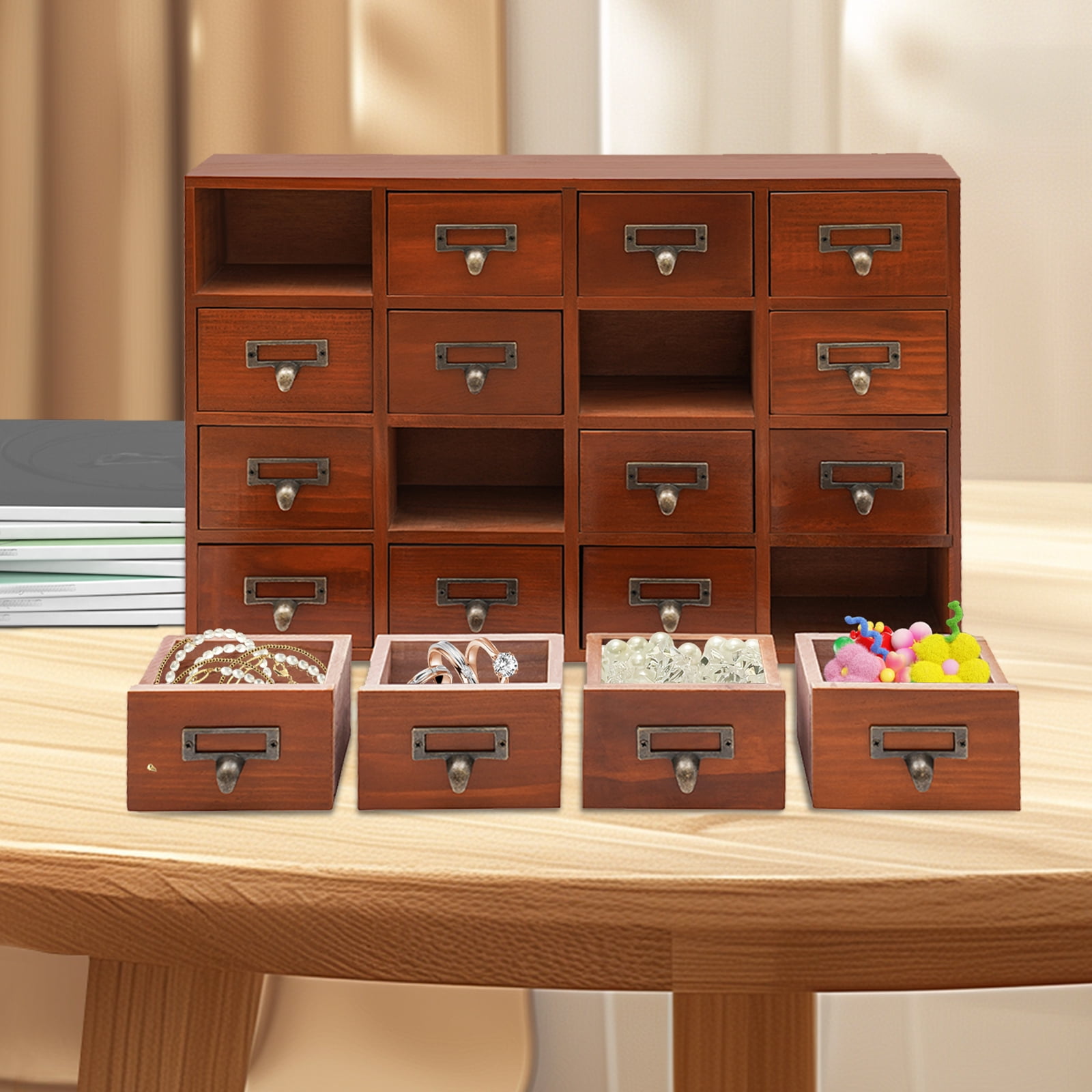 Peakora Vintage Wooden Cabinet Brown 16 Drawer Chinese Medicine Desk Drawer Organizer Small Storage Box for Living Rooms Bedrooms Study Rooms