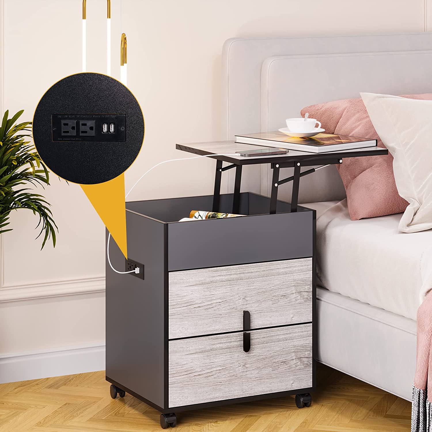 HNEBC Adjustable Nightstand with 2 USB Charging Station Modern Bedside