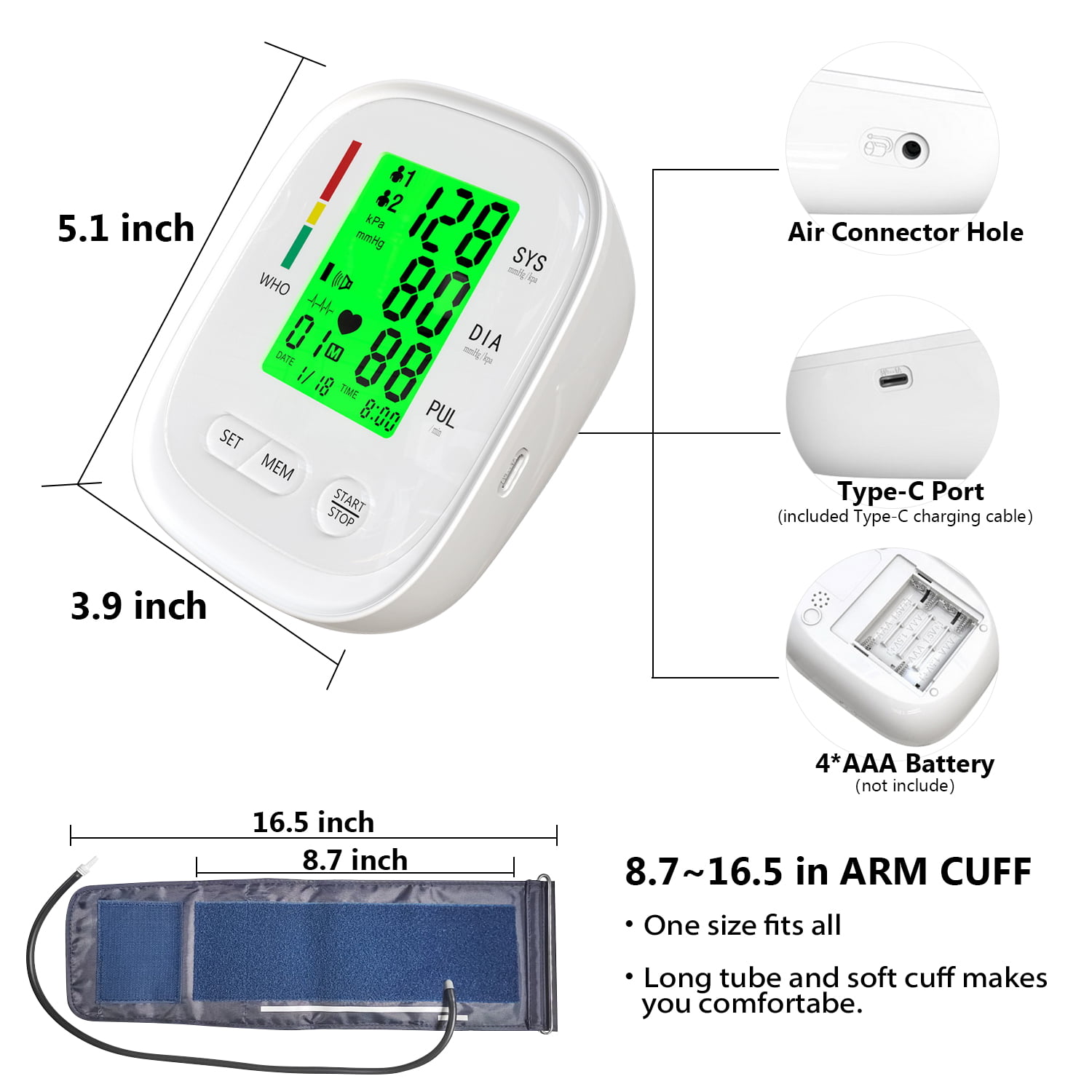 Meraw Bluetooth Blood Pressure Machine, High Accuracy Blood Pressure Cuff  Arm 8.7-16.5' with Irregular Heartbeat