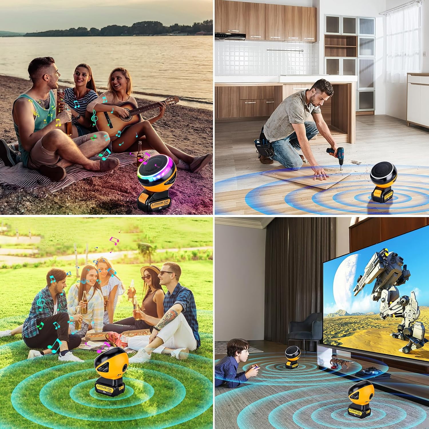 Bluetooth Speakers for Dewalt 20V Makita Milwaukee Bosch Ryobi Craftsman 18V Battery,Portable Speaker Wireless with HD Sound Pairing,Dynamic RGB Color for Jobsites,Outdoor,Home Party,Camping