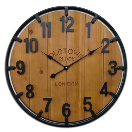 24 Inch Oversized Metal Frame Rustic Farmhouse Wood Decorative Clock with Arabic Numbers