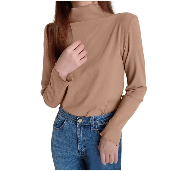 Lovskoo Women Mock Neck Shirts Long Sleeve Top Casual Blouses Stretch Slim T Shirt Dressy Blouse Tunic Tops Khaki