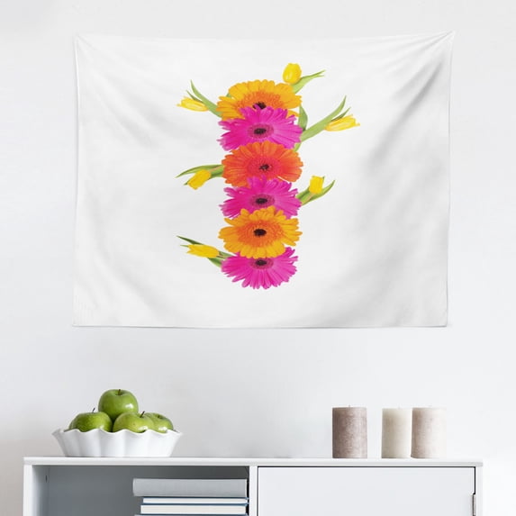 Flower Alphabet Tapestry, Letter L Image in Tangerine Toned Gerberas and Yellow Tulips, Fabric Wall Hanging Decor for Bedroom Living Room Dorm, 2 Sizes, Marigold Hot Pink Green, by Ambesonne