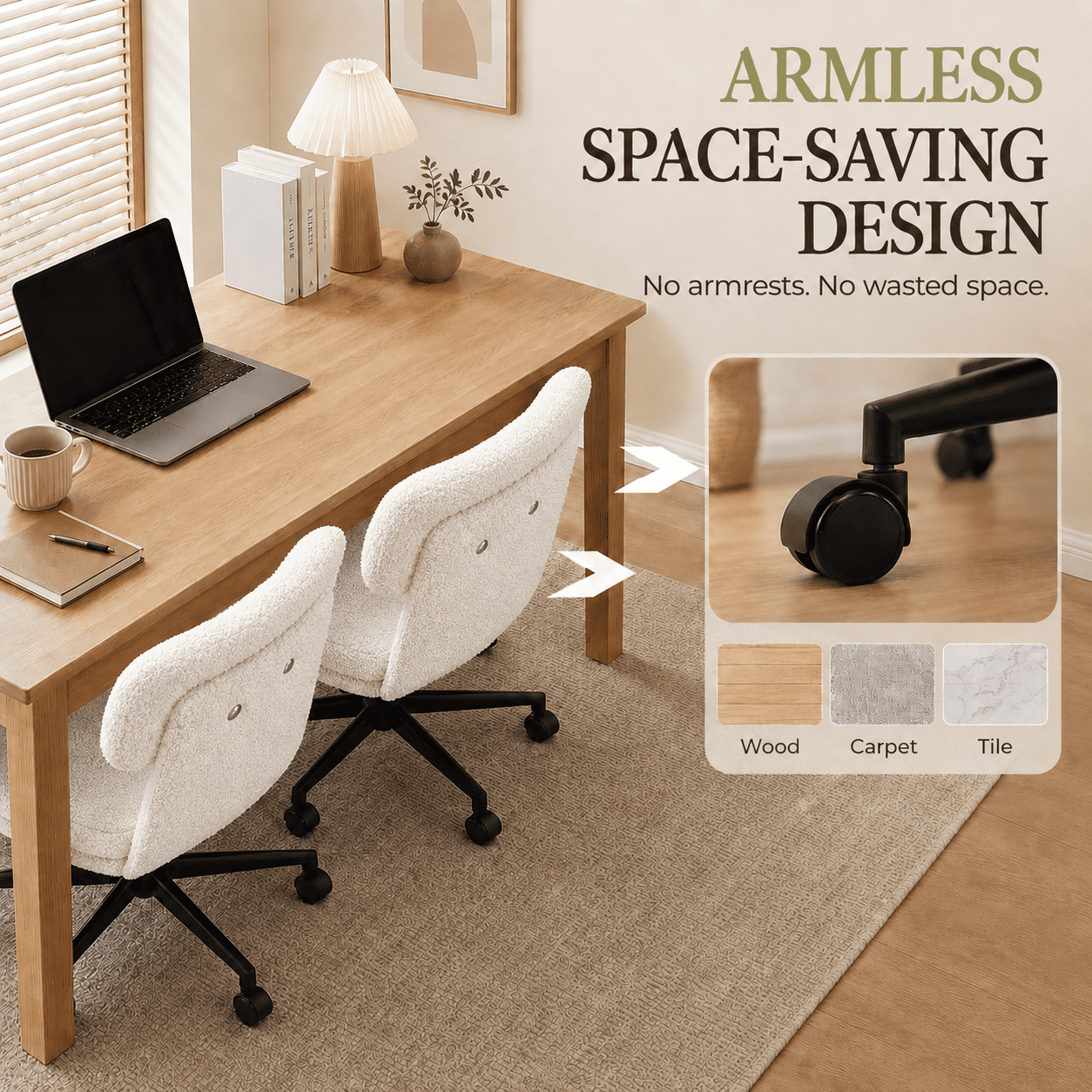 CLOUDREST PRO Mid Back Office Chair with Wheels, Armless Chairs with Adjustable Height, Wider Seat and Backrest, Sherpa Fabric Computer Desk Chair for Bedroom, Living Room,White