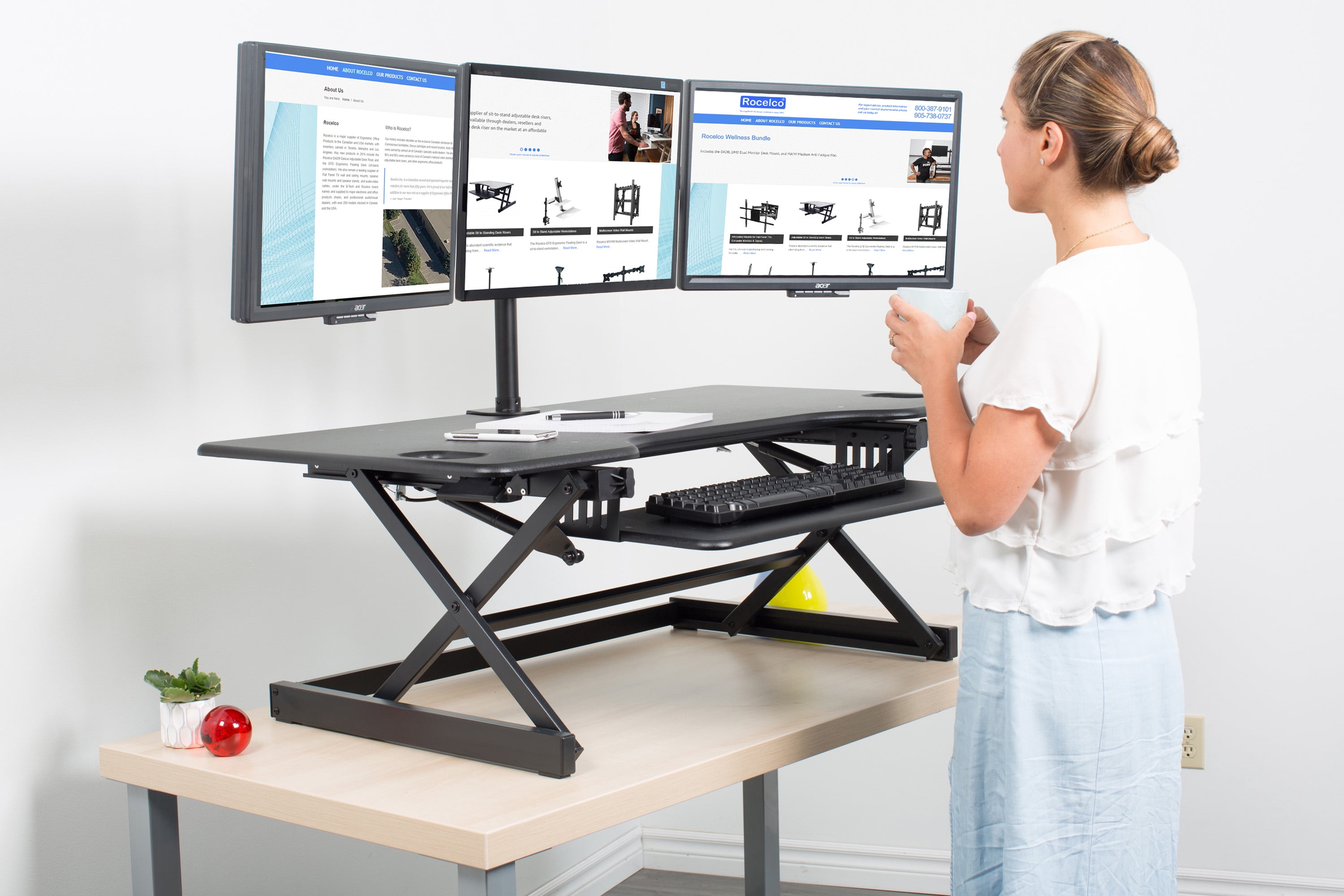 Rocelco 40" Large Height Adjustable Standing Desk Converter with Dual Monitor Mount BUNDLE | Quick Sit Stand Up Computer Workstation Riser | Retractable Keyboard Tray | Black (R DADRB-40-DM2)
