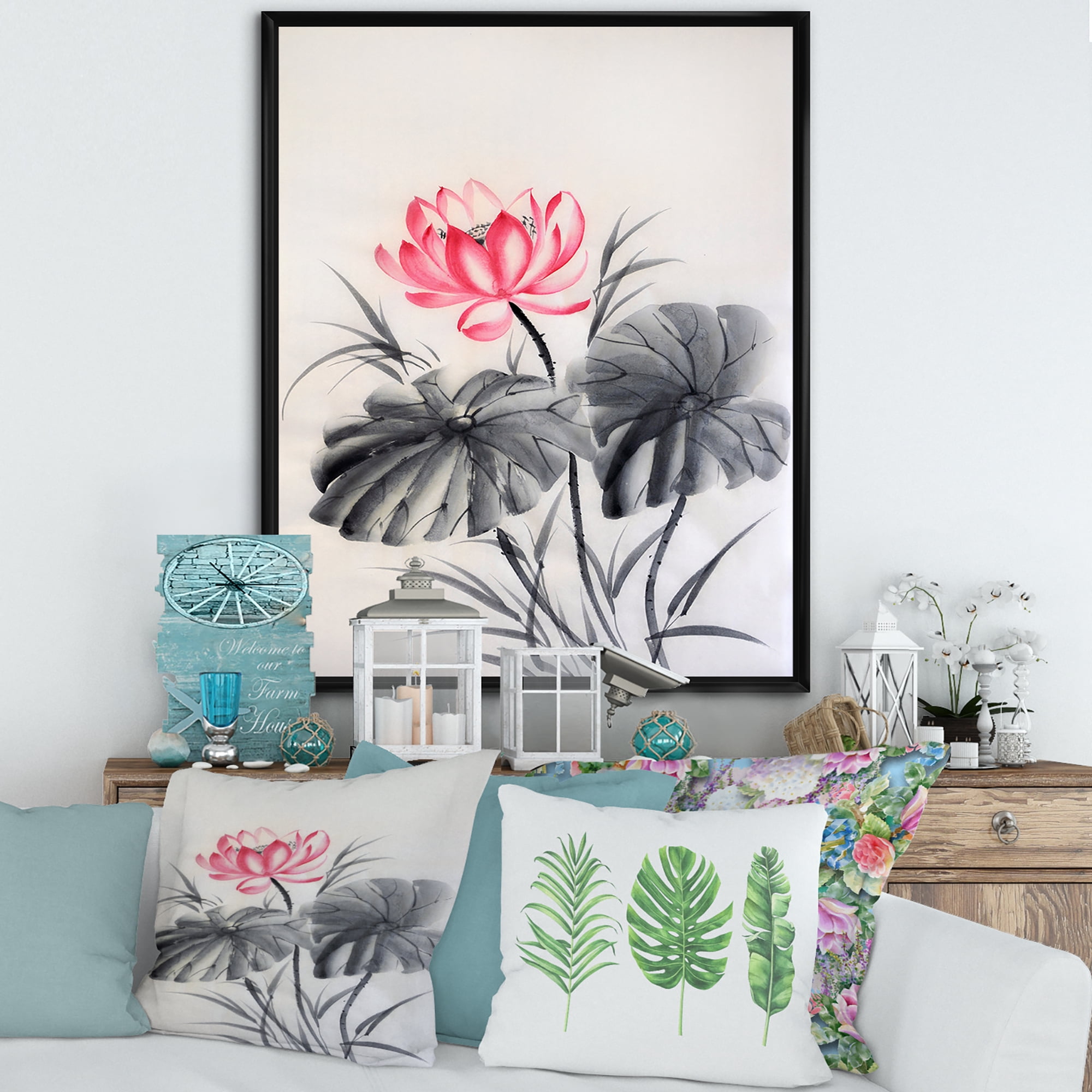 Two Monochrome Leaves With Lotus Flower 24 in x 32 in Framed Painting Canvas Art Print, by Designart