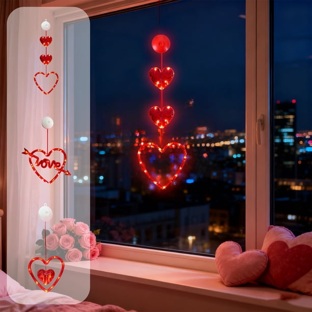 Cortinas LED de cordones – Plástico rojo, alimentado por pilas, 3M, ventosa y gancho, impermeable, decoración romántica para ventanas en bodas, fiestas, aniversarios, uso interior y exterior