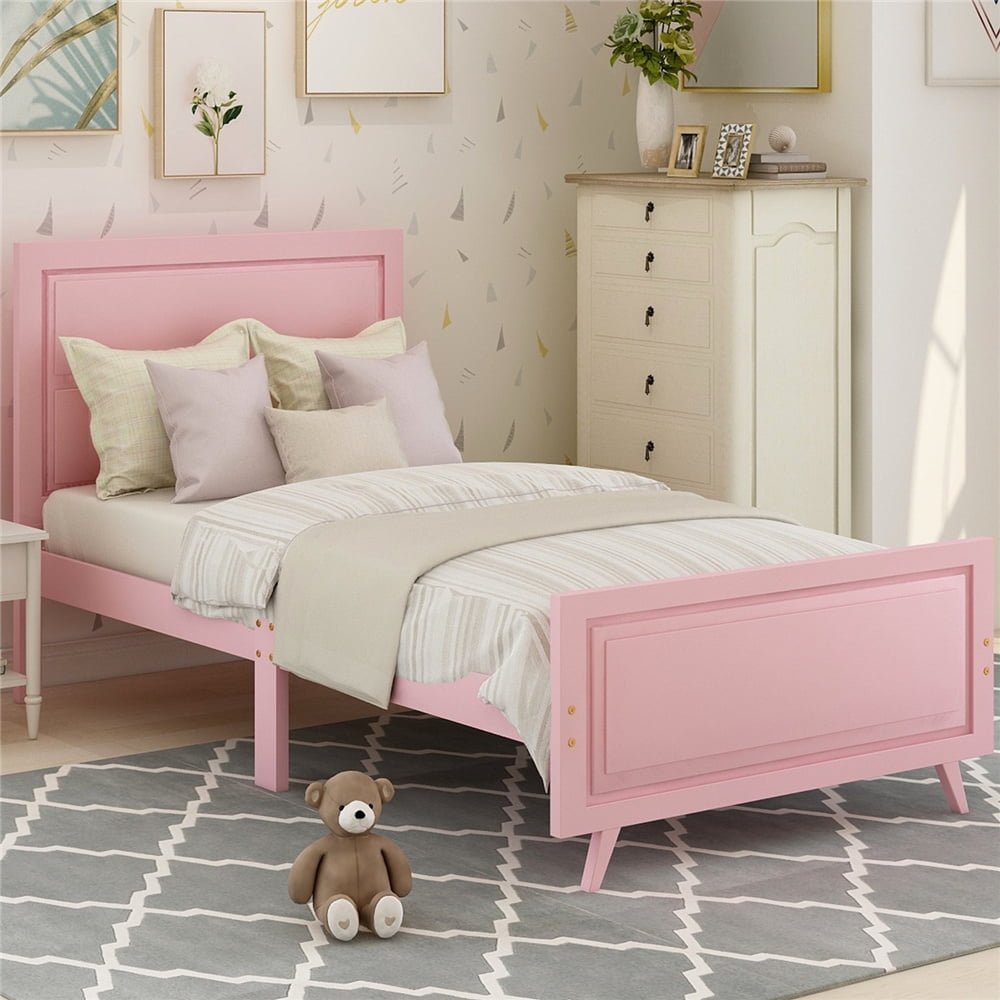 Pink Twin Bed Frame, Modern Wood Platform Bed Frame with Headboard and