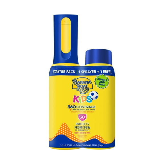 Banana Boat 360 Coverage Kids Sunscreen Mist, SPF 50, Refillable Sunscreen Spray with Refill, 5.5 oz
