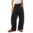 thumbnail image 2 of Barrel Sweatpants Women High Waisted Wide Leg Lounge Pants Summer Drawstring Waist Contrast Patchwork Pants w/Pockets Black S, 2 of 7