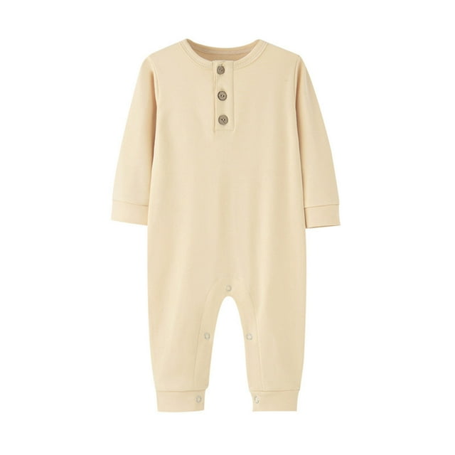 tarylea Newborn Baby Girls Boys Clothes Crew Neck Button Rompers Long Sleeve Solid Color Jumpsuits Casual Fall Comfy Outfits