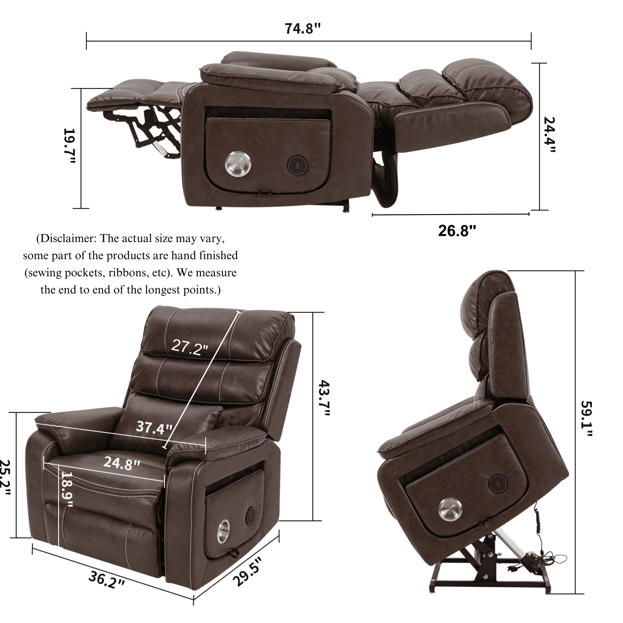 JUUXO Lay Flat Recliner Lift Chair with Wireless Charger, Cup Holder and Lumbar Pillow - Heated Massage Power Lift Chair for Big and Tall