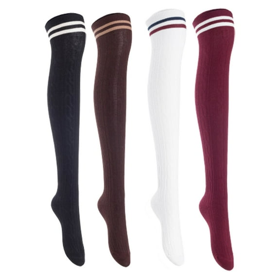 Lian Lifestyle Women's 4 Pairs Incredible Durable Super Soft Unique Over Knee High Thigh High Cotton Socks, Size US 6-9, JMYP1023 Black, Coffee, White, Wine