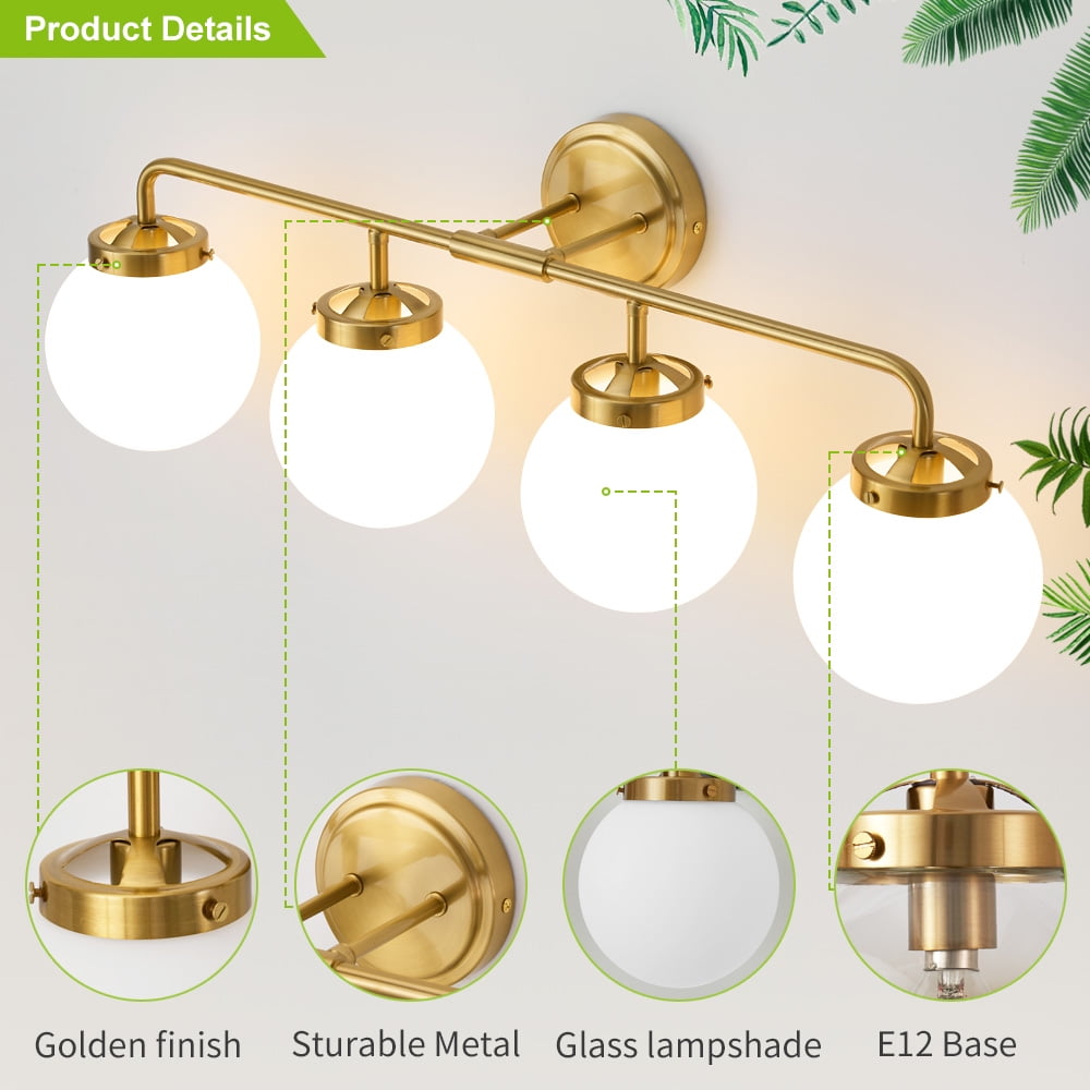 Vanity Lights for Bathroom Gold 4-Light Globe Mordern Vanity Light Fixtures Over Mirror with White Globe Shade