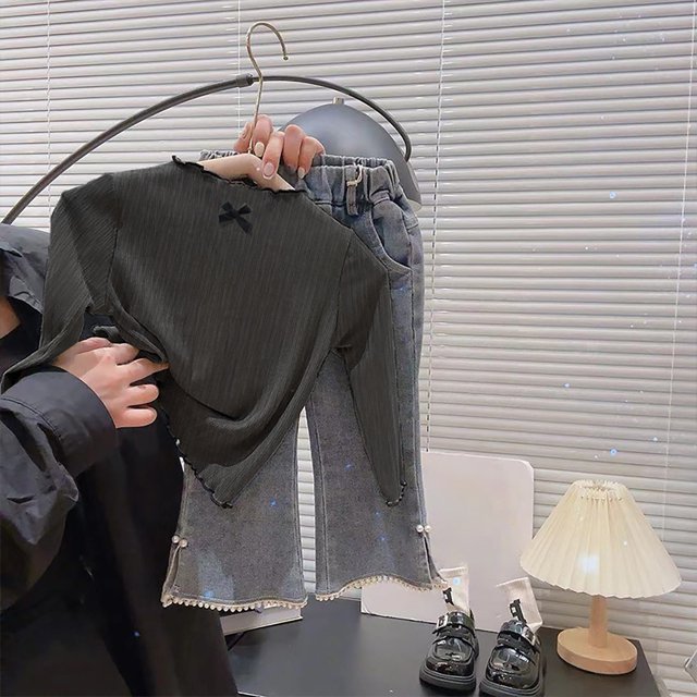 T-shirts pour Enfants à Manches Longues Gris Imprimé Col Rond en Coton Chandail pour Filles Taille 5-6 Ans