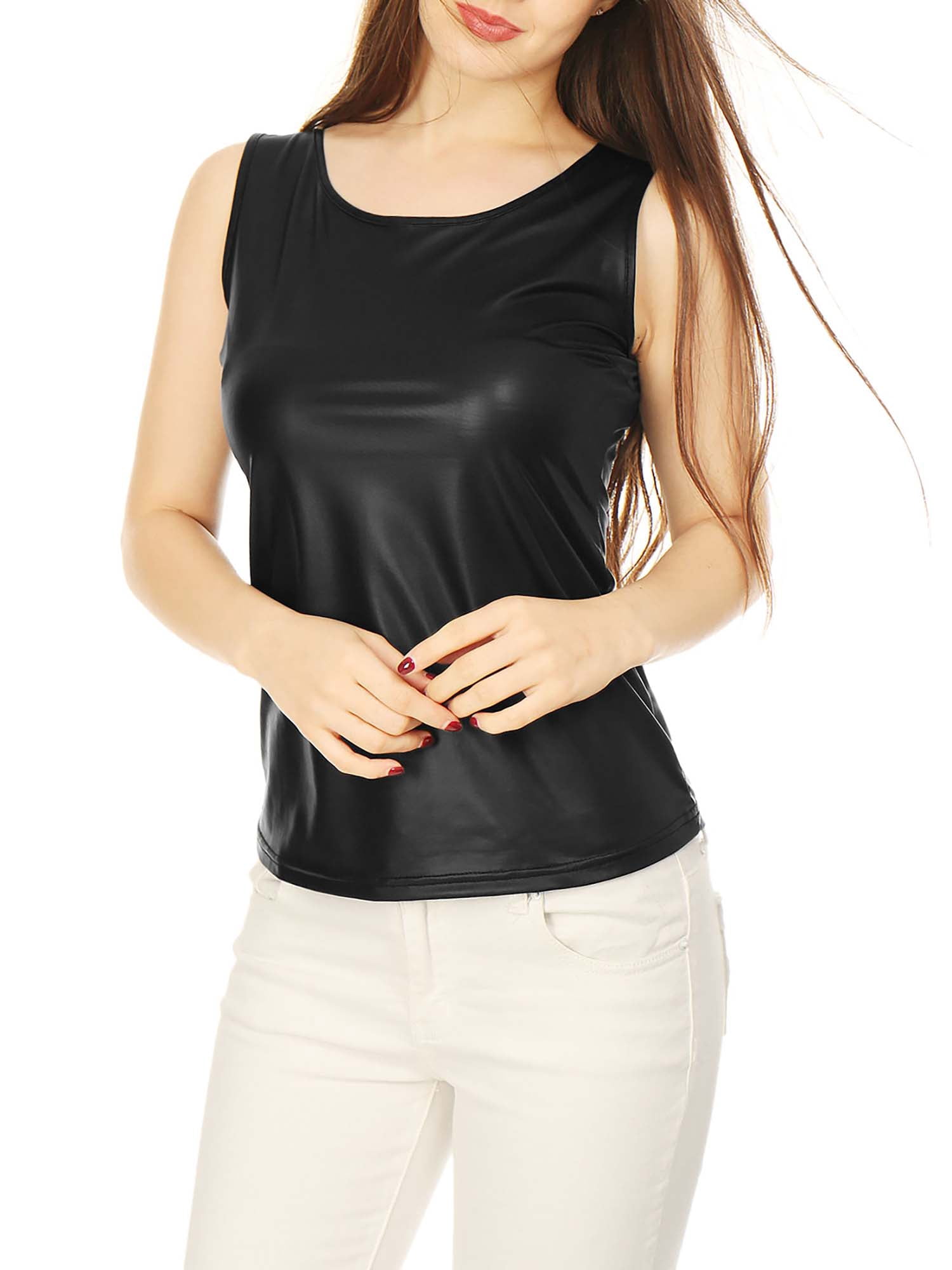 DARING DIVA Women's Sleeveless U Neck Sparkly Metallic Tank Top M Black