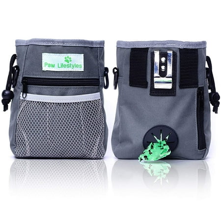 Pet Treats Training 2018 NEW UPGRADE Version Paw Lifestyles – Dog Treat Training Pouch – Easily Carries Pet Toys, Kibble, Treats – Built-In Poop Bag Dispenser – 3 Ways To Wear – Grey ()