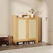 Home Rattan Shoe Storage Cabinet, Farmhouse Freestanding Wood Shoe Rack Organizer with Adjustable Shelves for Entryway Hallway Kitchen Living Room Bedroom