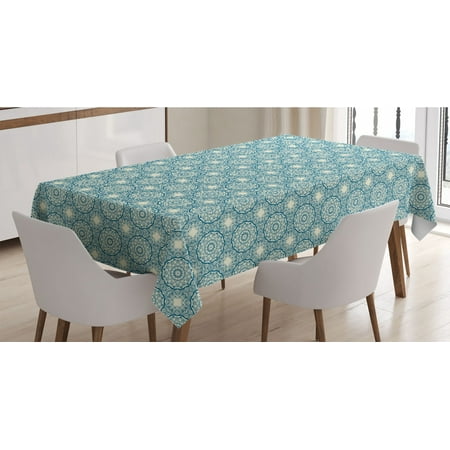 

Blue Mandala Tablecloth Repetitive Abstract Oriental Floral Inspired Intricate Motifs Pattern Rectangle Satin Table Cover for Dining Room and Kitchen 60 X 84 Ivory and Sea Blue by Ambesonne