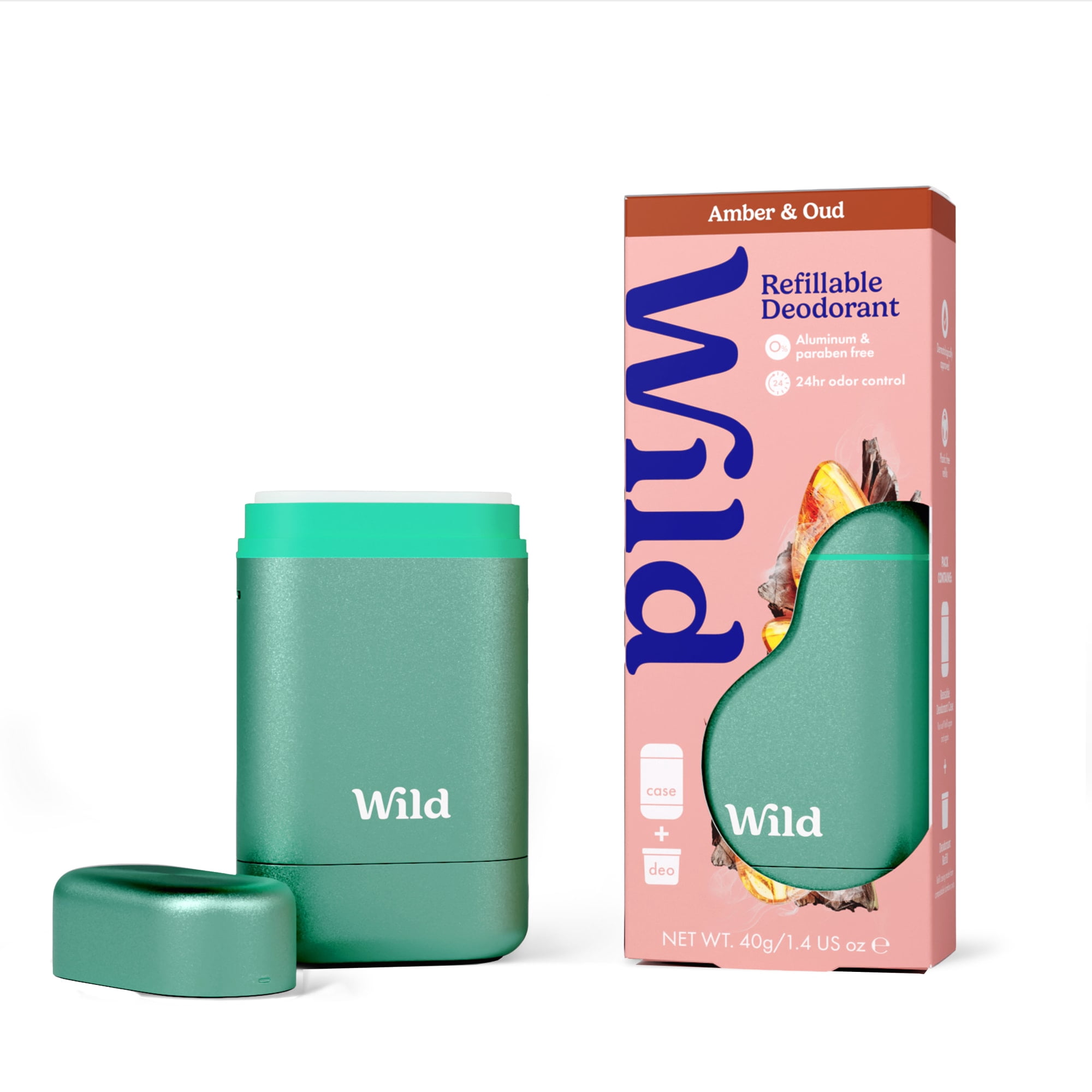 Wild Refillable Deodorant Starter Pack - Aluminum Free. Aqua Case + Amber & Oud Refill, for Women and Men, 1.4oz