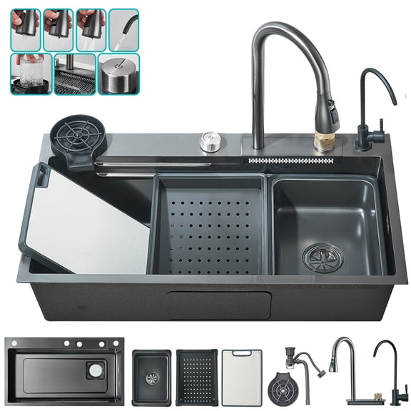 31.5" Flying Rain Stainless Steel Waterfall Kitchen Sink with Faucet Single Bowl