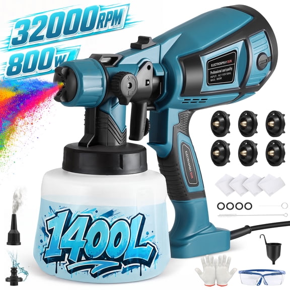 RELOIVE 800W Paint Sprayer, 1400ml Electric HVLP Spray Gun, 5 Brass Nozzles, 3 Spray Patterns, Flow Control, Easy Clean, Blue