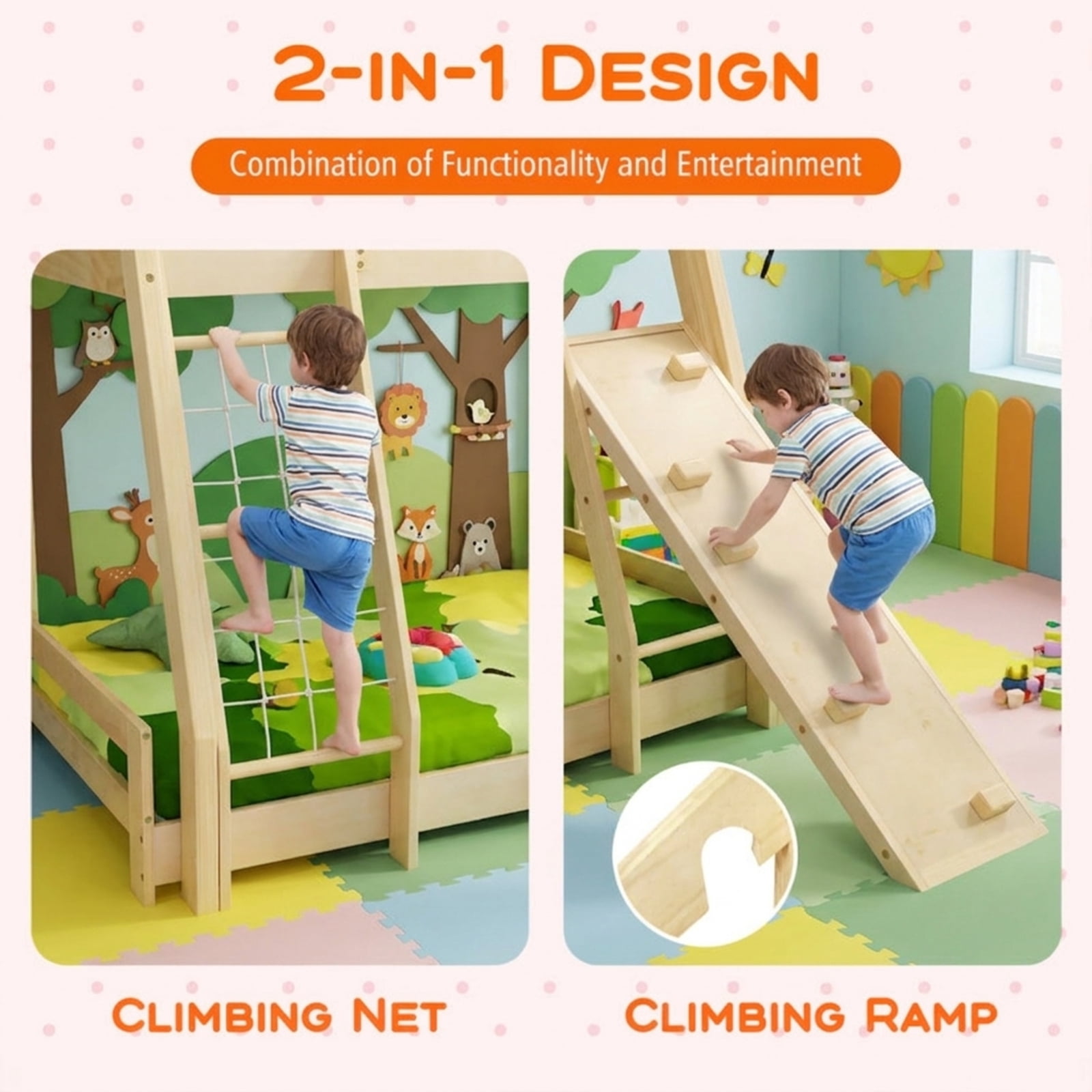 Furnibear Twin Over Queen Bunk Bed Wooden Kids Bed Frame with Climbing Nets Ramp and House Roof for Kids Bedroom, Natural