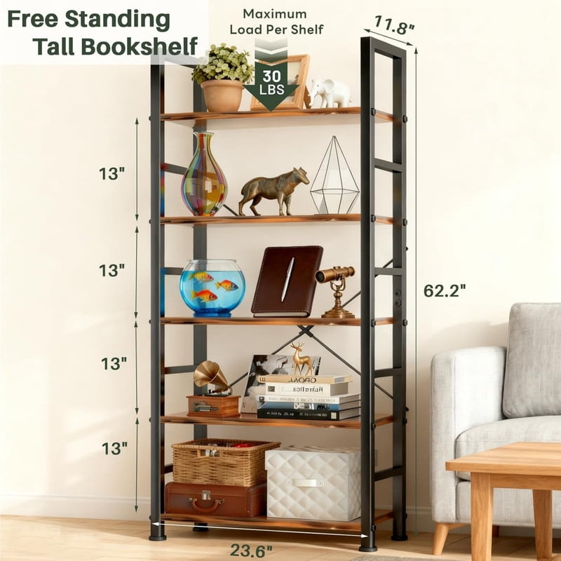 Kelno 5-Tier Bookshelf 62"x24" Industrial Storage Shelf Free Standing Bookcase Metal Frame Bookcase with Open Storage Shelves,Rustic Brown