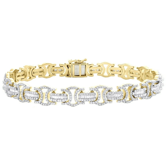 10K Yellow Gold Round & Baguette Diamond 9mm Fancy Statement Bracelet 3.75 CT.