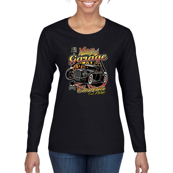 1990 Vintage Garage Customs Hot Rod Classic Car Cars and Trucks Womens Graphic Long Sleeve T-Shirt, Black, Small