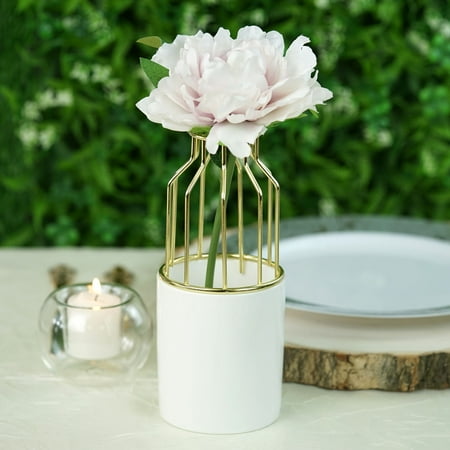 Balsacircle 8 Inch Tall White Ceramic Pot Contemporary With Gold
