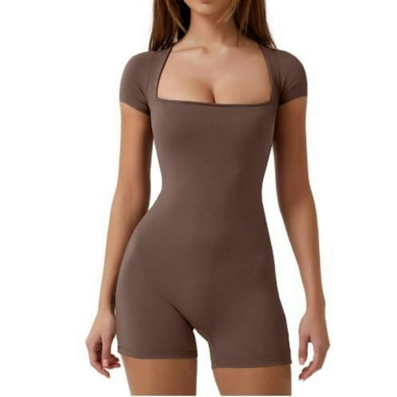Women's Rompers Sexy Short Sleeve Square Neck Unitard Stretchy Workout Yoga Short Jumpsuits Bodysuits