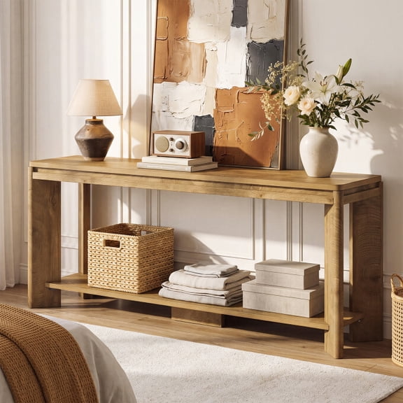 Tribesigns 63" Low Console Table with 2-Tier shelves, Wood Entryway Table, Brown