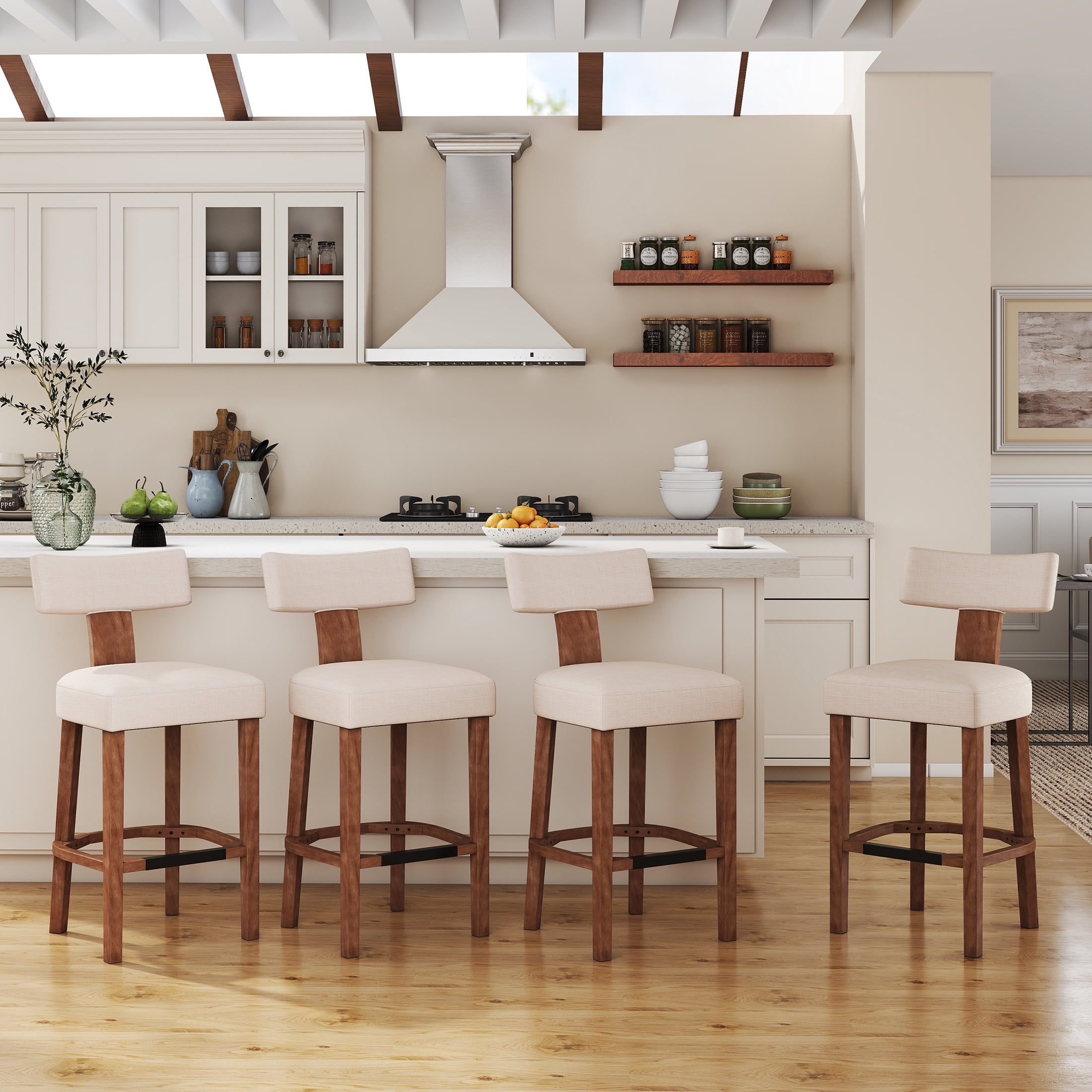 Guyou 26" Bar Stool Set of 2, Modern Linen Upholstered Counter Height Barstools with Hardwood Frame, Wooden Farmhouse Kitchen Island Chairs for Bar Restaurant, Beige