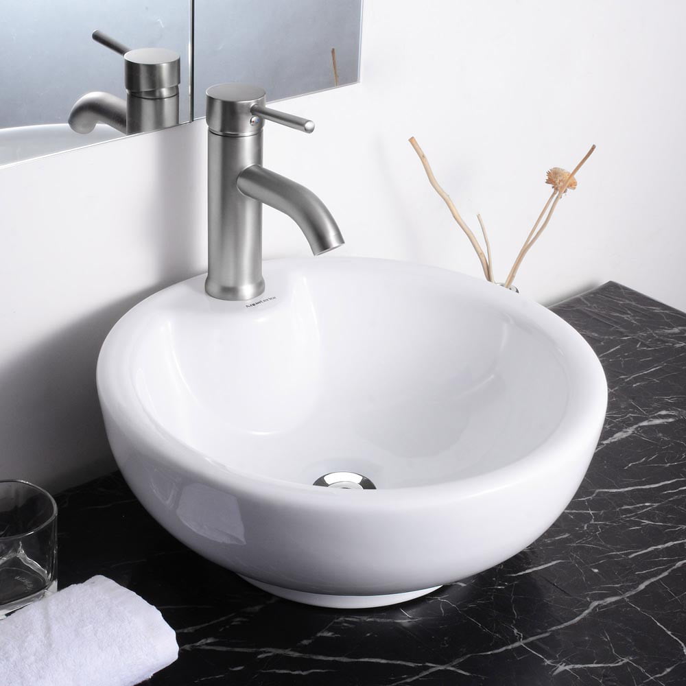 Aquaterior Round White Porcelain Ceramic Bathroom Vessel Sink Bowl Basin With Chrome Drain Overflow 16 3 8 Dia X6 2 3 H