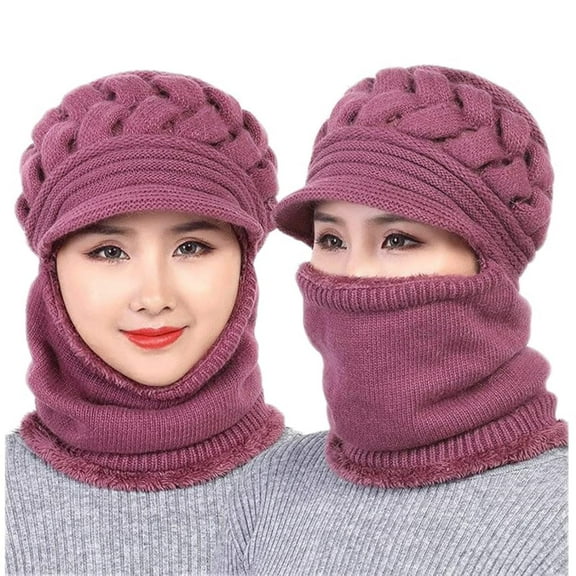 Womens Winter Warm Elastic Soft Ear Protection Knitted Scarf Mask hat Fleece Lined Beanie Hat one-Piece hat