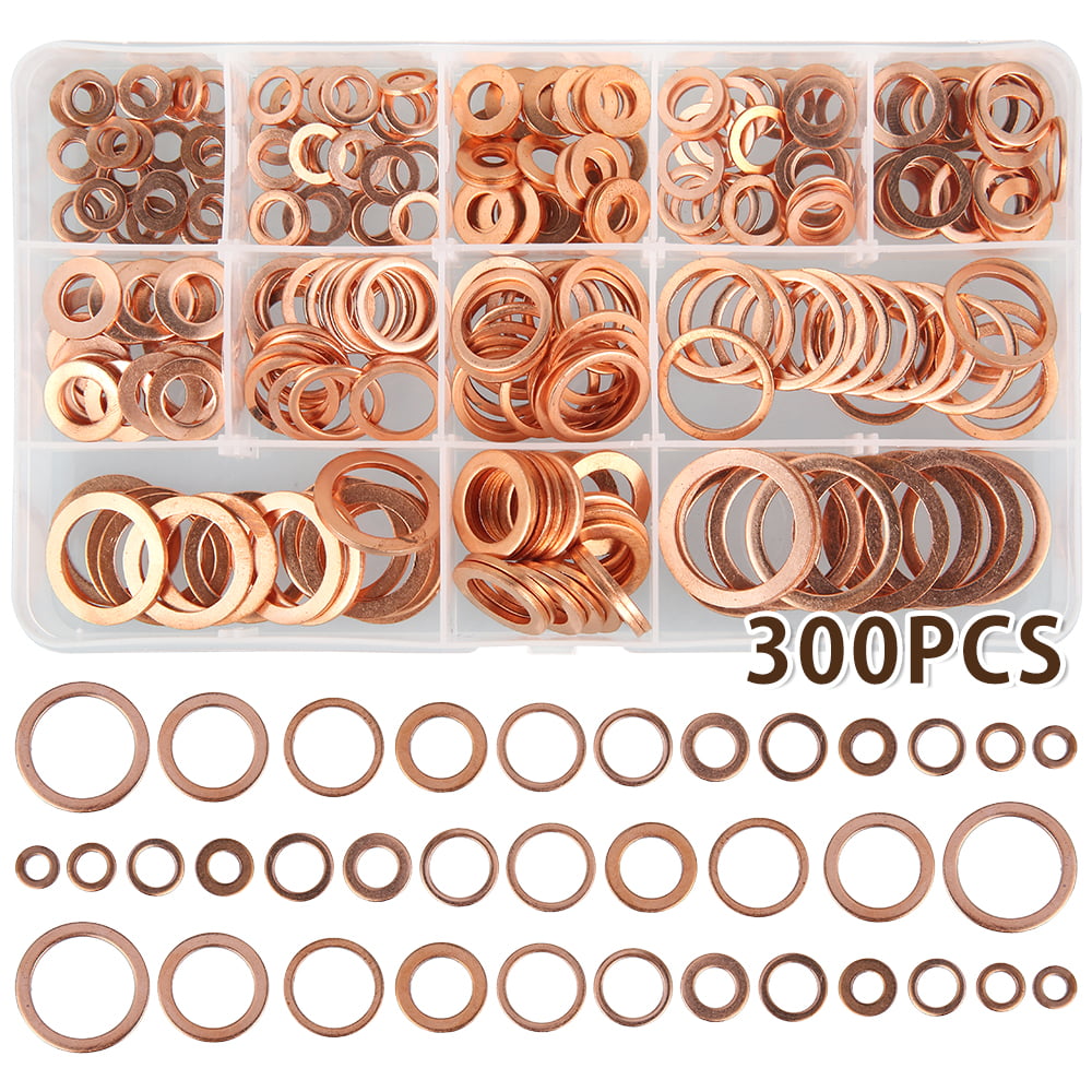 300x Assorted Solid Copper Car Engine Washers Crush Seal Flat Ring Gasket Set 