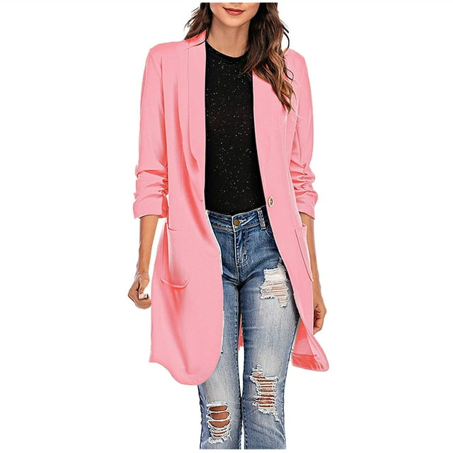 CEHVOM Women Button Pockets Three Quarter Sleeve Solid Office Coat Cardigans Suit Jacket Long Outwear