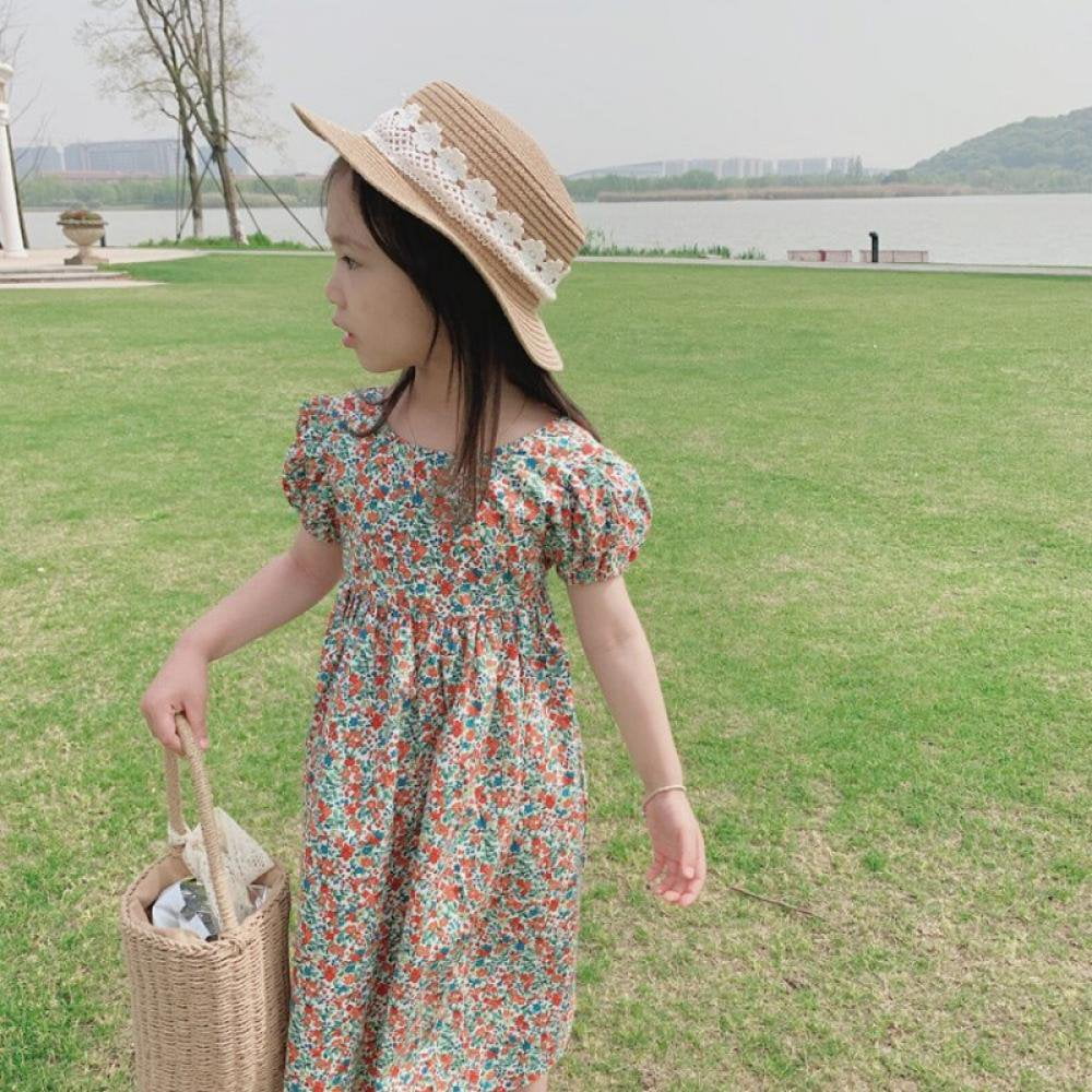 Children Girls floral Dresses Kids short sleeve Flower Print Cotton Dress Baby Spring Summer dresses for party beach