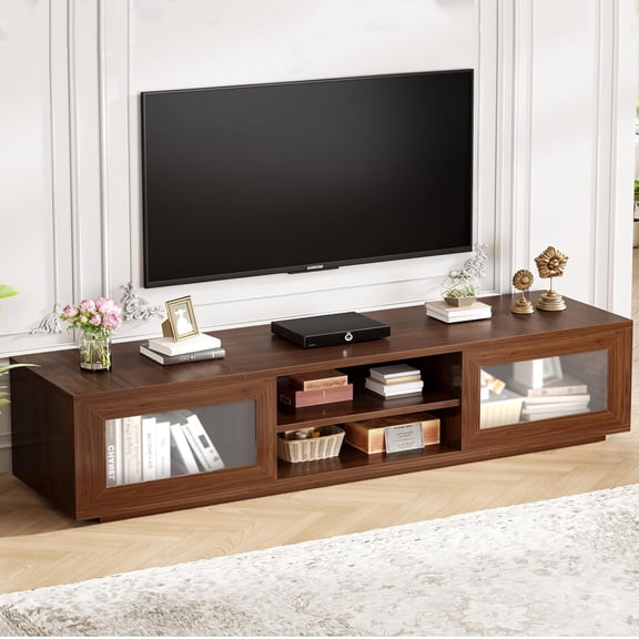 MUERE 70 Inch Walnut TV Stand for TVs up to 75 Inches, Modern Low Profile TV Console Cabinet with Sliding Doors and Storage, Wood Media Console Entertainment Center for Living Room