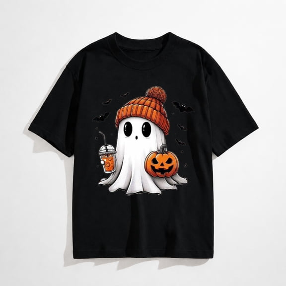 Women's Beanie Ghost and Pumpkin Halloween Graphic T-Shirt, Cute Fall Short Sleeve Tee