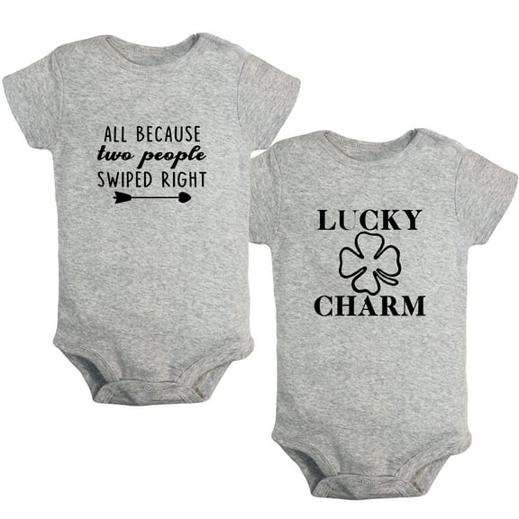 iDzn Pack of 2, Lucky Charm & All Because Two People Swiped Right Funny Rompers For Babies, Newborn Baby Unisex Bodysuits, Infant Jumpsuits, Toddler 0-24 Months Kids One-Piece Oufits
