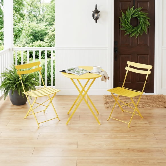Conjunto bistró plegable de 3 piezas para jardín y terraza – Mesa redonda y 2 sillas metálicas resistentes – Ahorra espacio, no requiere montaje, fácil de limpiar