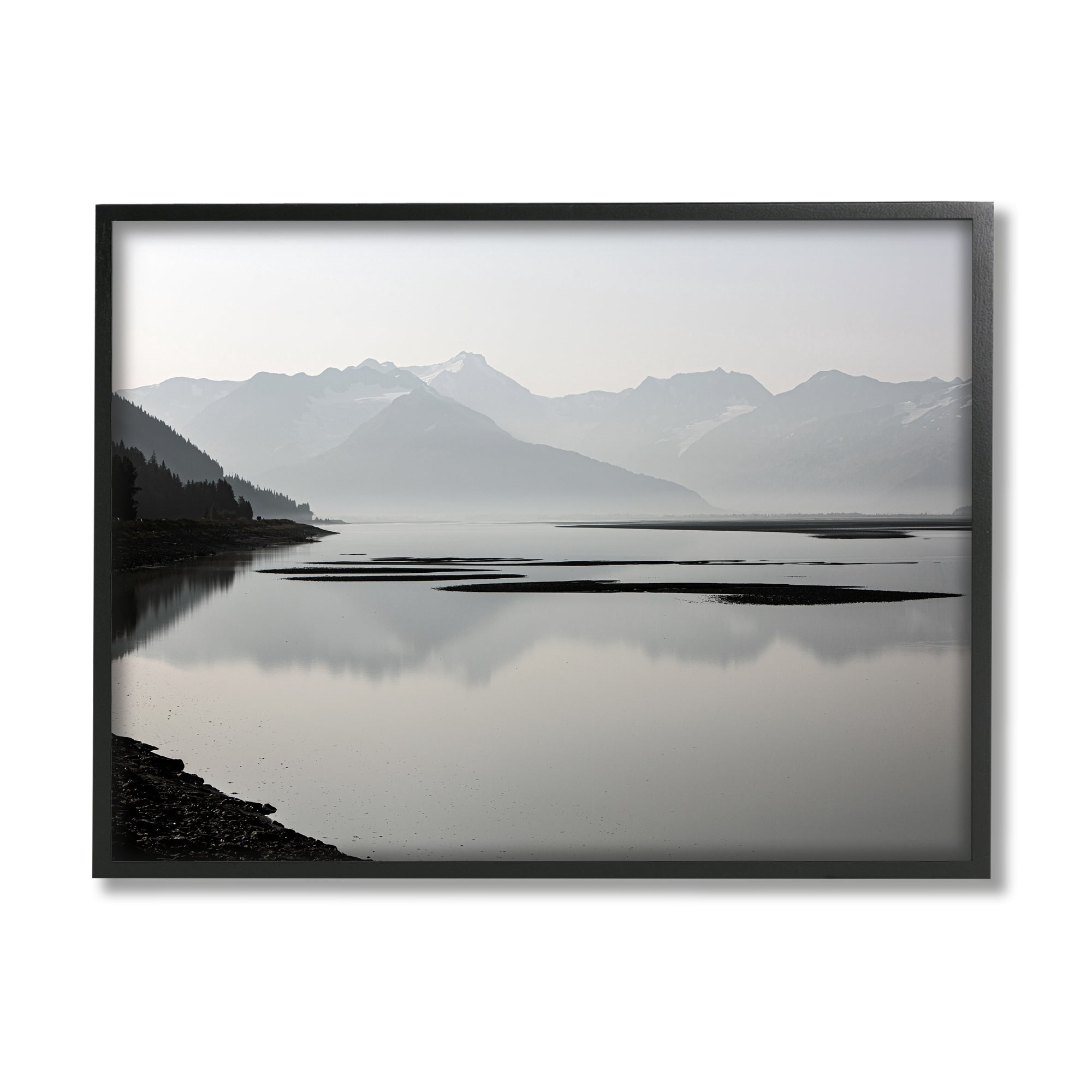 Stupell Industries Grey Mountain Peaks Lake Reflection Coastal Photography Black Framed Art Print Wall Art