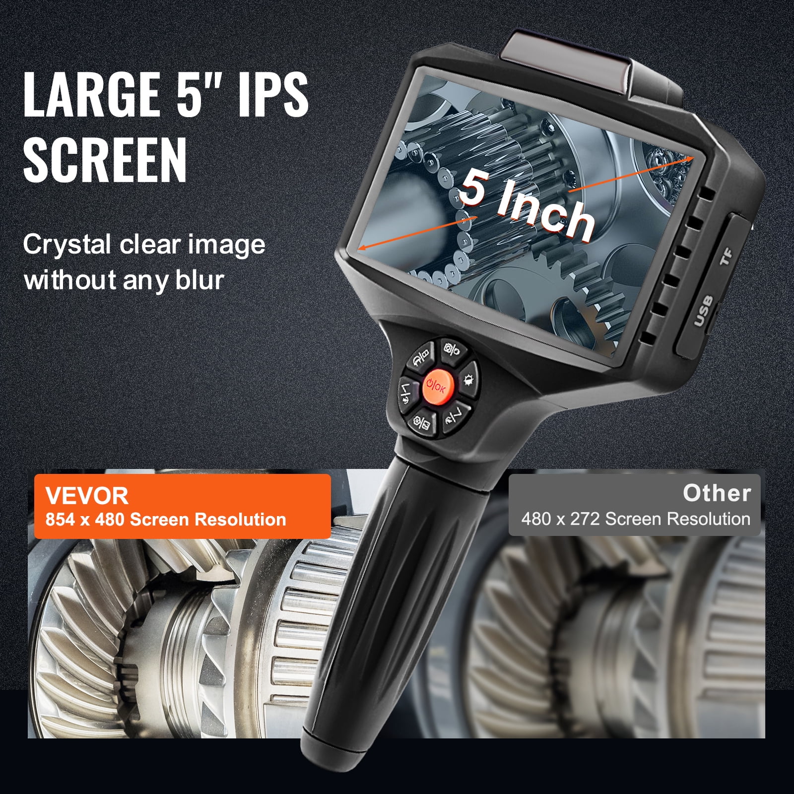 VEVOR Triple Lens Industrial Endoscope 16.4ft, 5" IPS Borescope Inspection Camera with 10 Lights, 1080P Sewer Camera and 5 View Modes , IP67 Flexible Scope Camera Snake Cable and 32GB TF Card