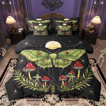 jejeloiu Red Mushroom 7-Piece Twin Bedding Sets,Green Moth Bedding Comforter Set,Tropical Botanical Leaves Sheet Sets For Girl Child,Microfiber Bedroom Decor Reversible