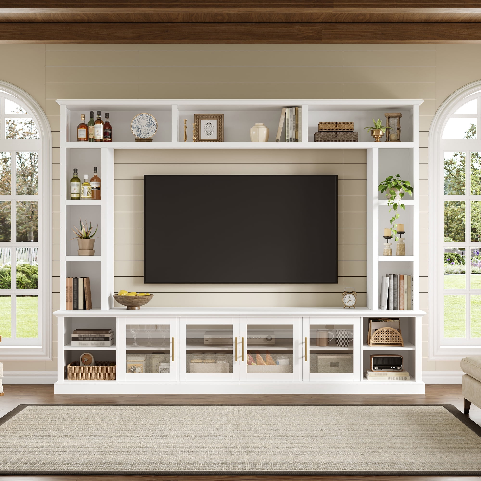 Euroco Entertainment Center Wall Unit for TVs up to 80", All-in-One Modern Entertainment Center with Bookshelves & Tempered Glass Doors, TV Console Unit with Shelving for Living Room, Entertainment
